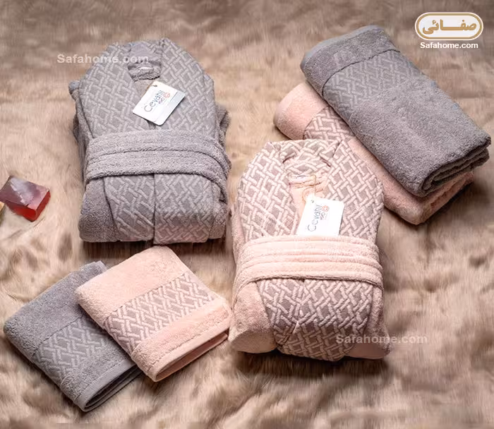 سرویس حوله عروس و داماد ژاگارد طوسی و صورتی