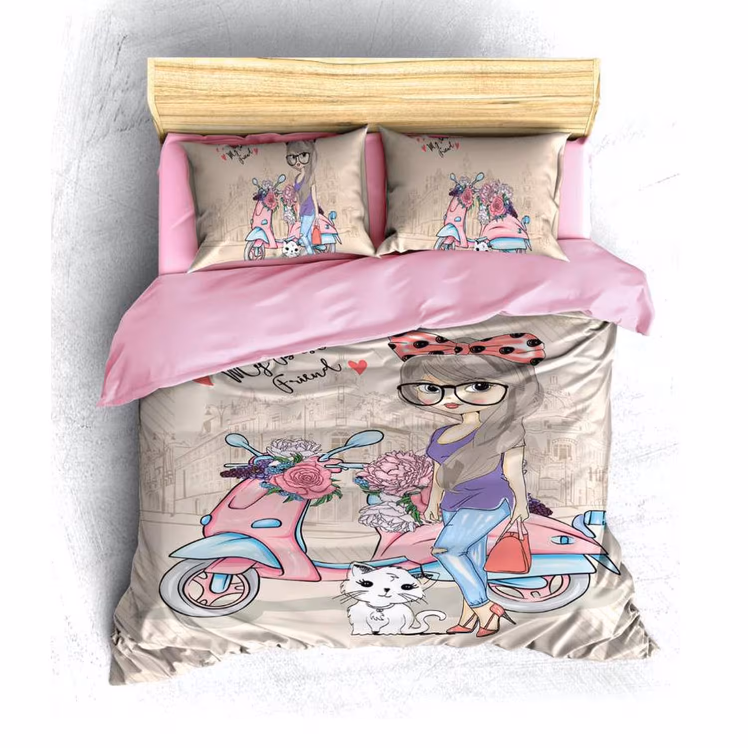 سرویس روتختی دخترانه مدل girl and motor یک نفره 4 تکه