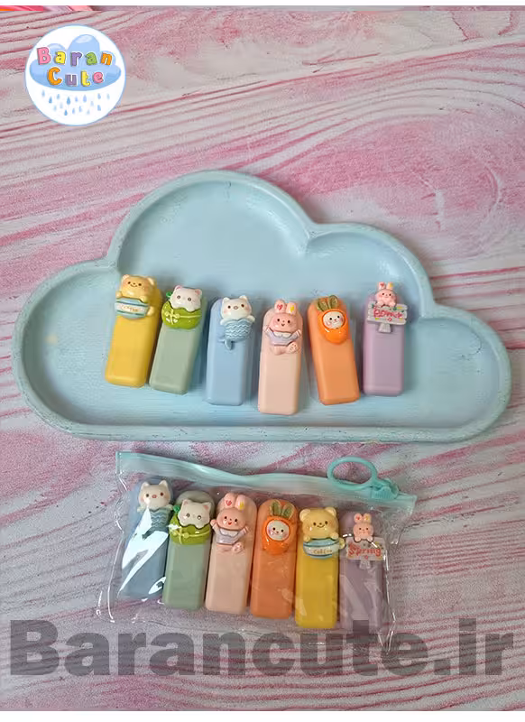 هایلایتر فانتزی پاستیلی پیکسل دار طرح حیوانات کیوت بسته 6 عددی