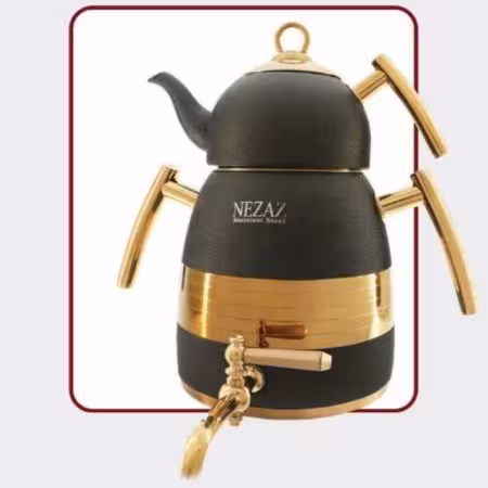 کتری و قوری 6 لیترهرمی مشکی دسته طلایی با قوری استیل (NEZAZ) کد 4016