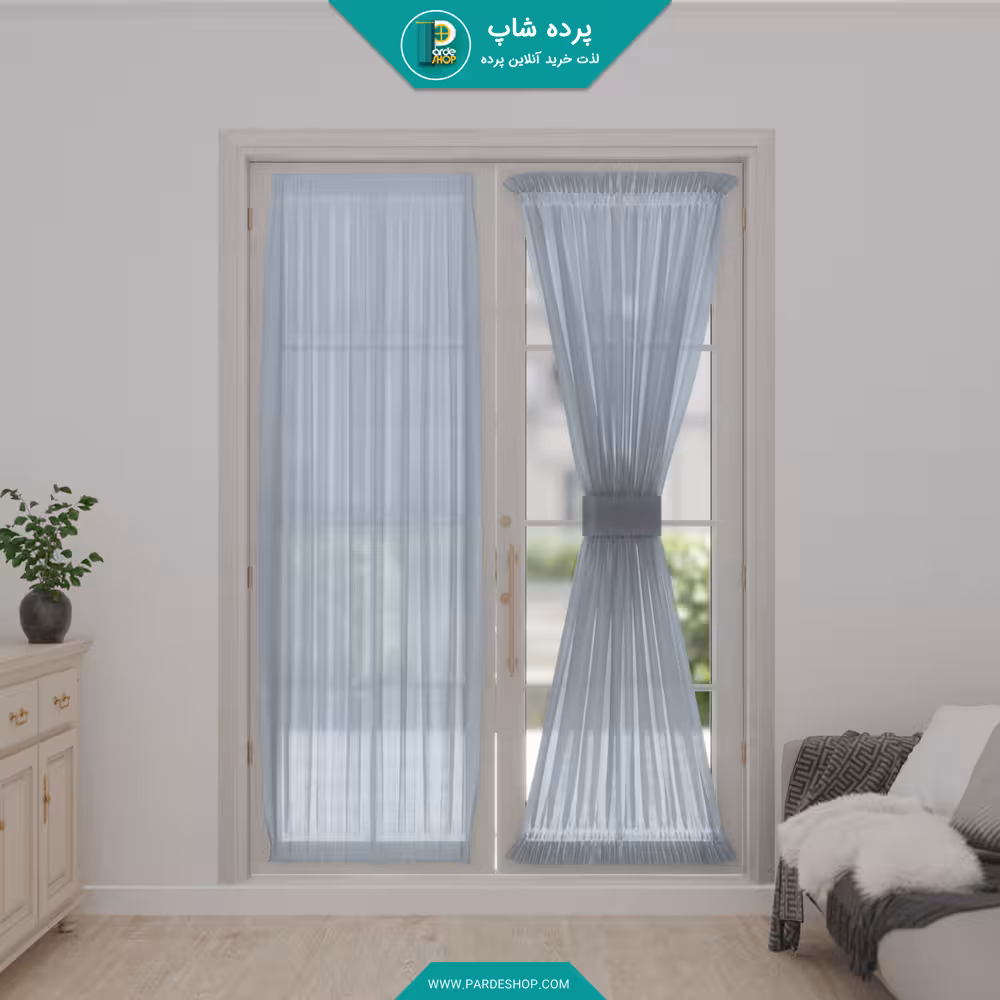 پرده پشت پنجره ای جنس تورکتان شاین رنگ آبی روشن