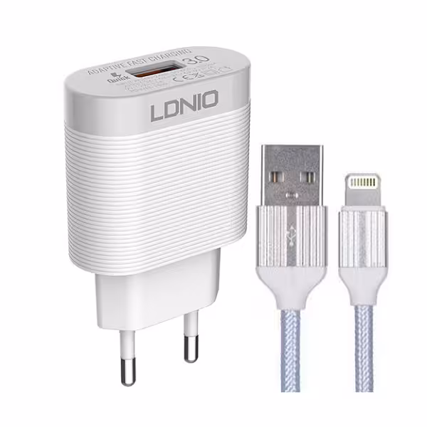 شارژر دیواری اصلی برند الدینیو مدل LDNIO A303Q به همراه کابل ایفون LDNIO A303Q QC3 18W Lightning Cable