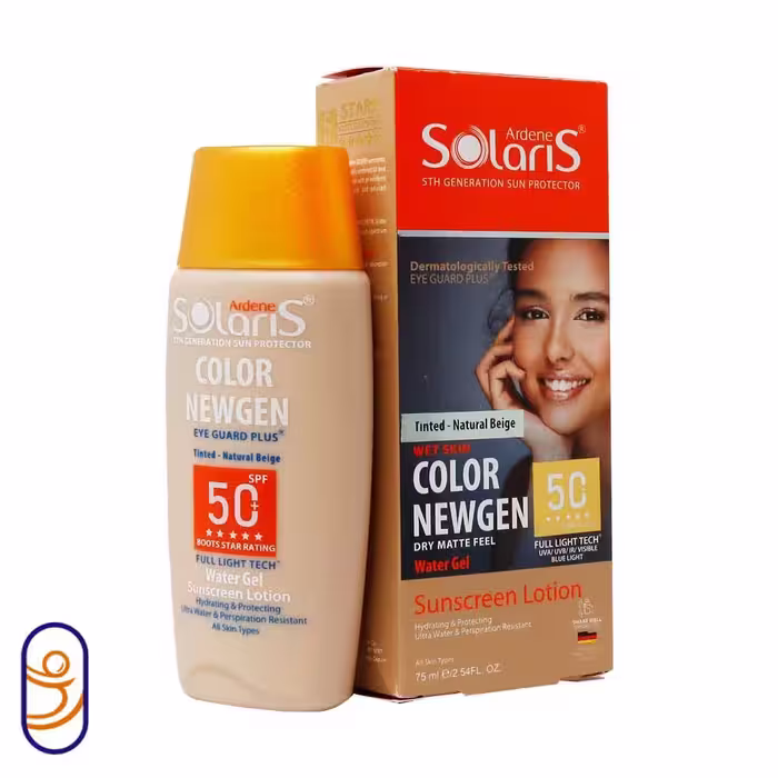 لوسیون آبی ضدآفتاب SPF50 فاقد چربی رنگی بژ روشن انواع پوست سولاریس