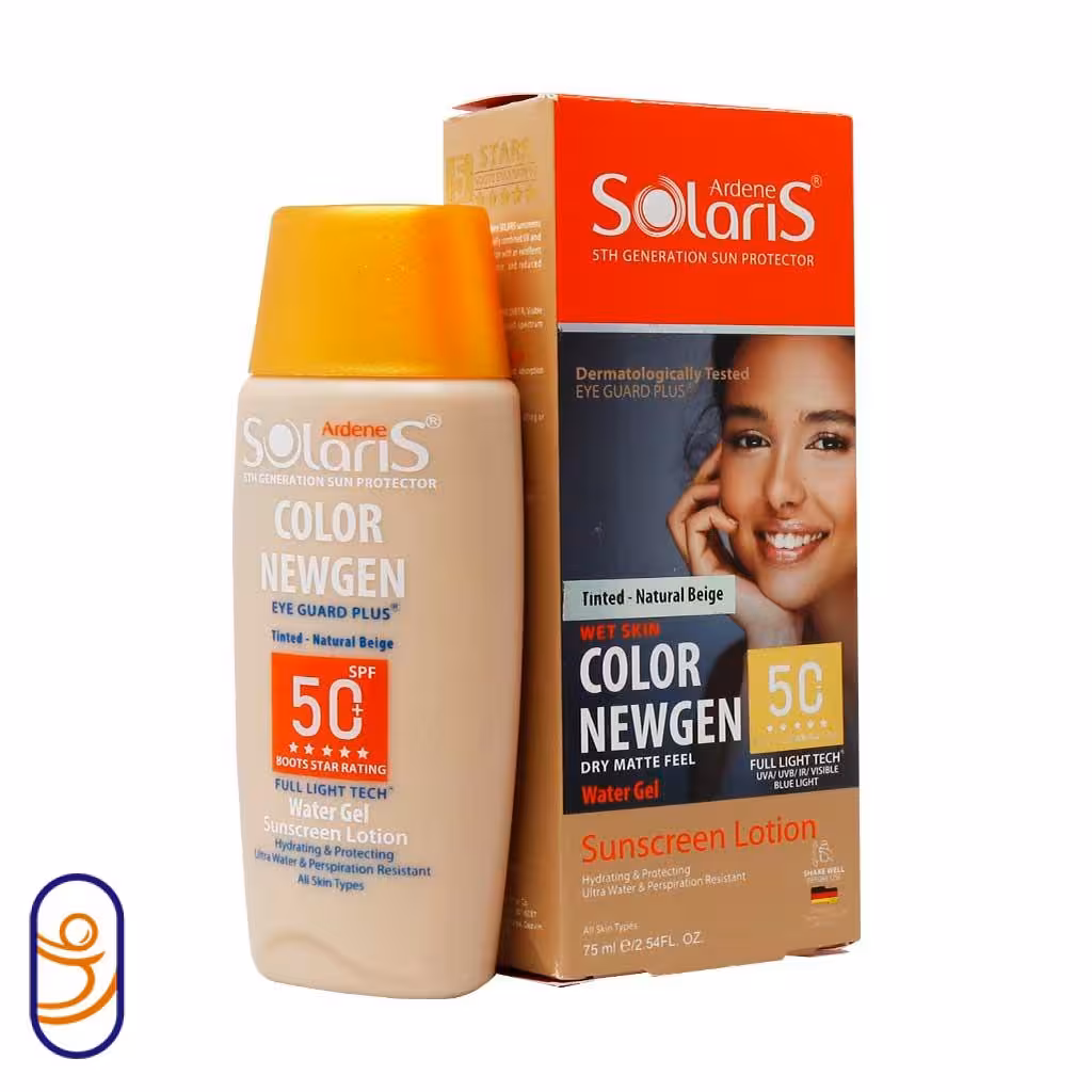 لوسیون آبی ضدآفتاب SPF50 فاقد چربی رنگی بژ روشن انواع پوست سولاریس