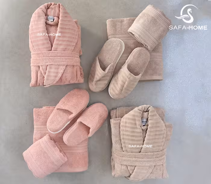 سرویس حوله عروس و داماد مدل دالورا طوسی‌ صورتی