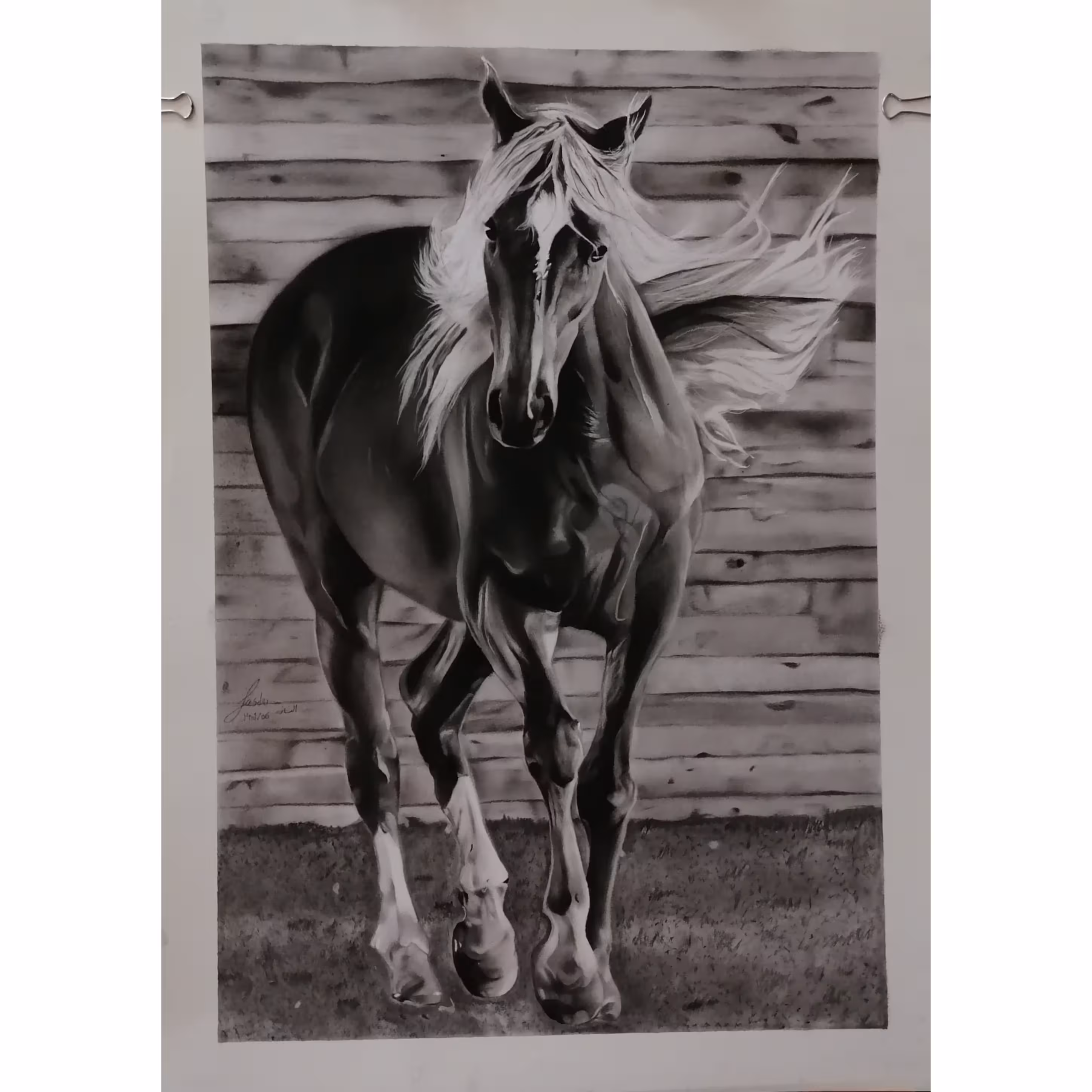 نقاشی سیاه قلم  اسب. کادو اثر هنری تابلو اسب. هدیه ماندگار. سبک هایپر رئال سایز  50 در 70