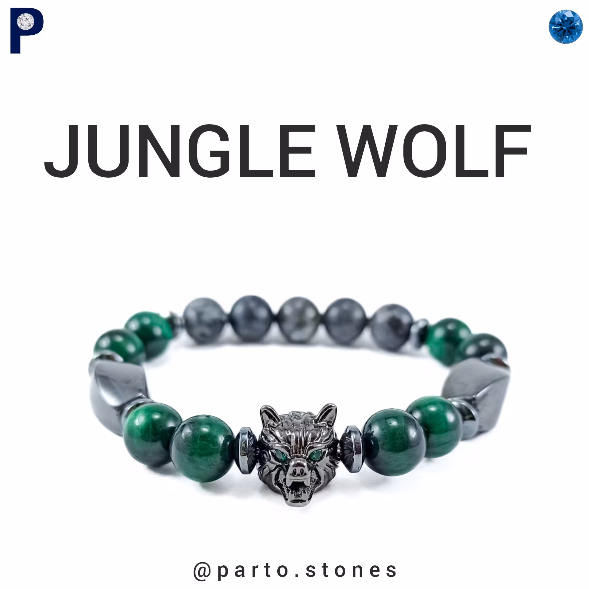 دستبند اسپرت گرگ جنگلی با سنگ های هماتیت و چشم ببر سبز (اصل معدنی) 