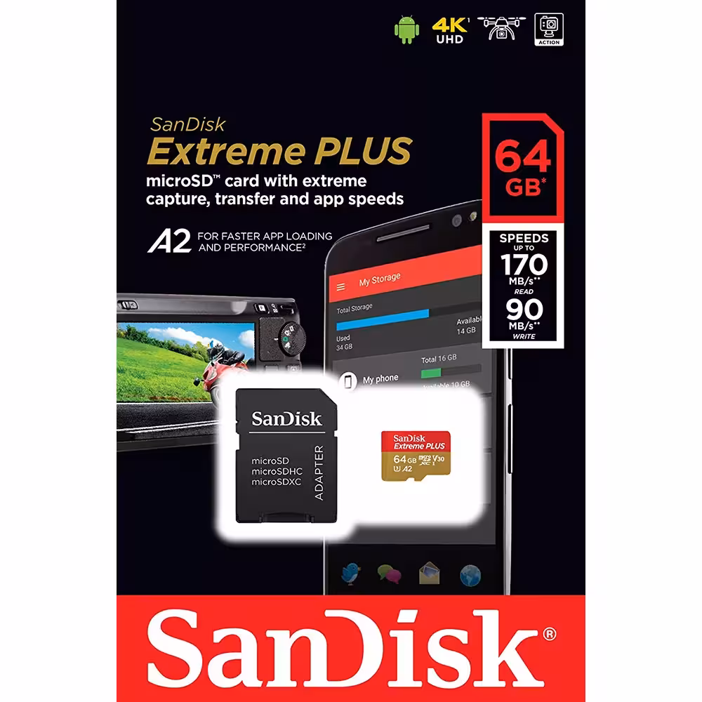 کارت حافظه microSDXC سن دیسک مدل extreme plus V30 کلاس 10 استاندارد UHS-I U3 سرعت 170MBps ظرفیت 64 گیگابایت به همراه آداپتور sd