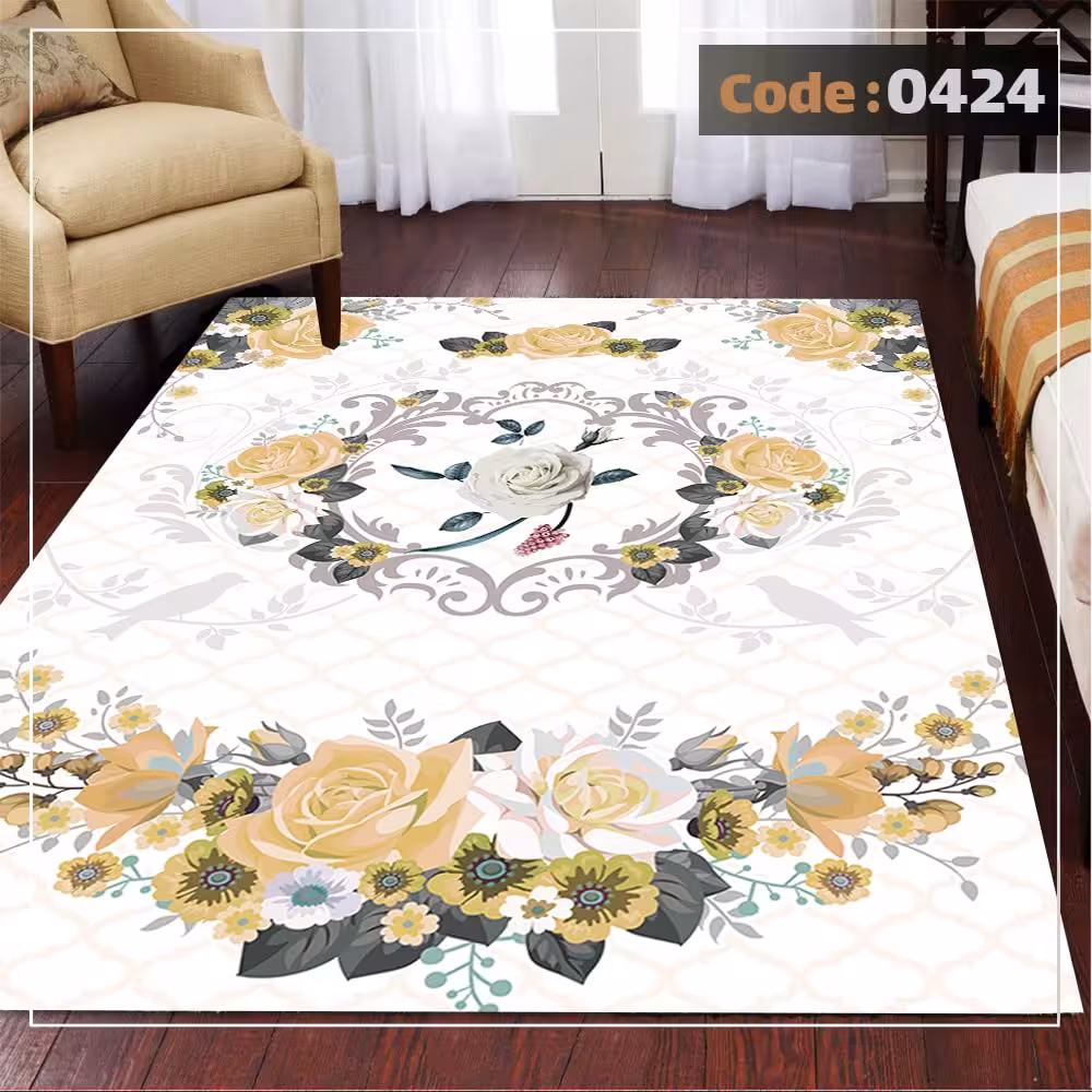 کاورفرش روفرشی دورکشدار گوشه لیفه ای کرم  قهوه ای کد 0424