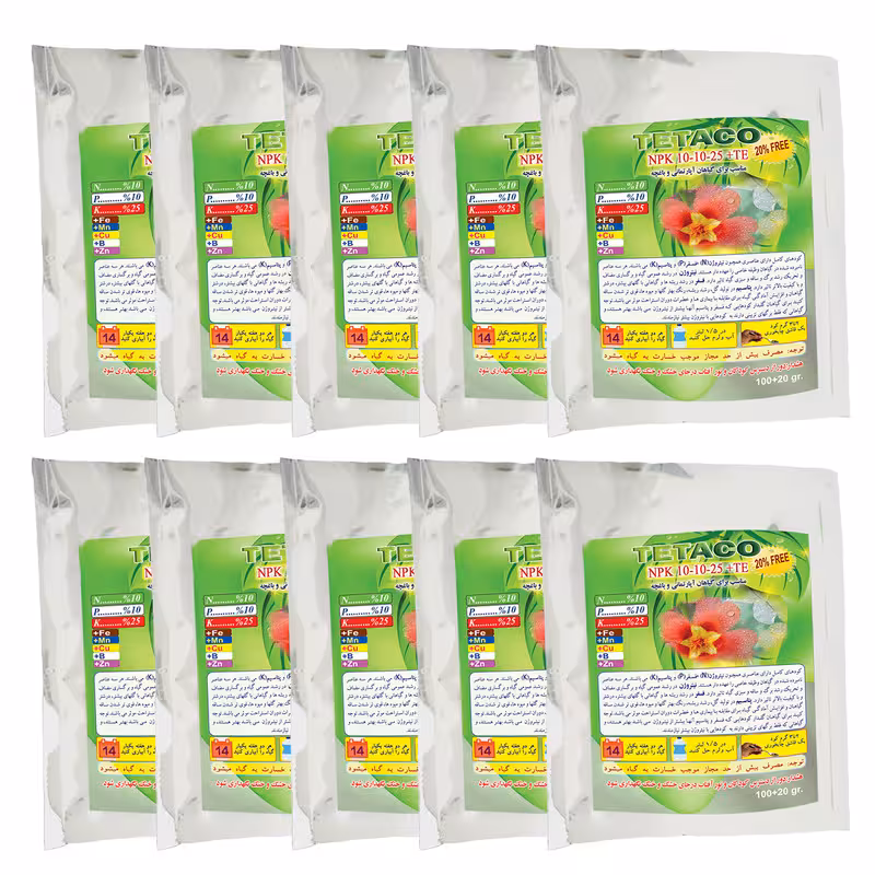 کود گیاهان آپارتمانی تتاکو مدل NPK 10-10-25 وزن 120 گرم بسته 10 عددی