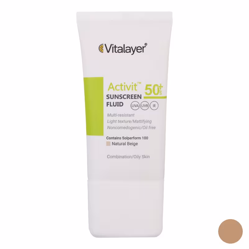 فلوئید ضد آفتاب رنگی ویتالیر SPF50 مدل Activit محافظ UVA ،UVB، ضد آب، مناسب پوست‌های چرب و مختلط حجم 50 میلی‌لیتر