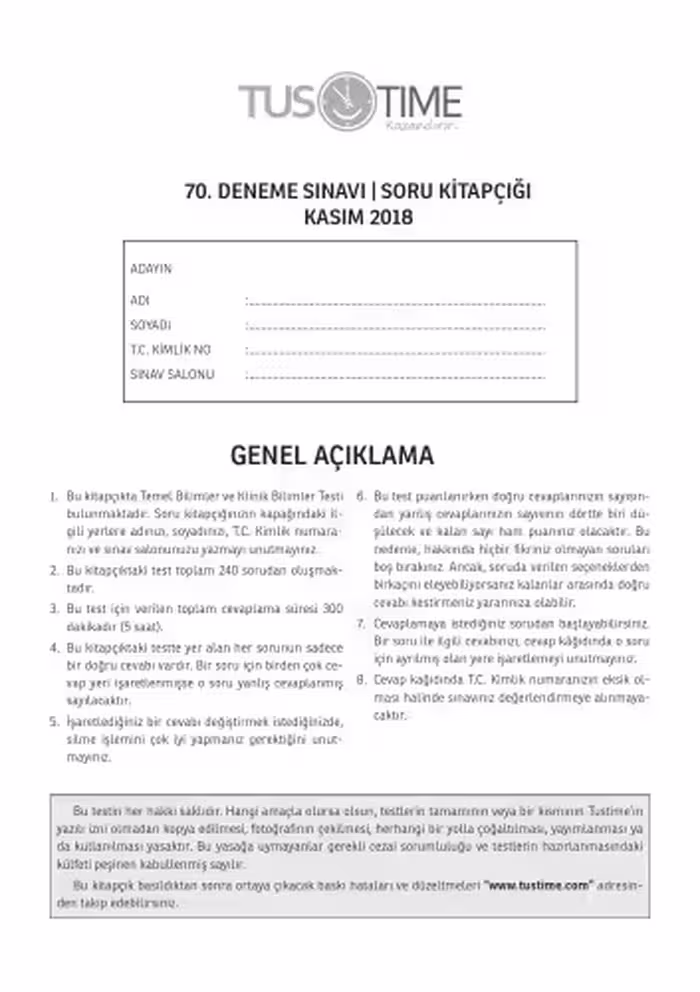 خرید و دانلود نسخه کامل کتاب 70. Tus Deneme Sınavı Kitapçığı