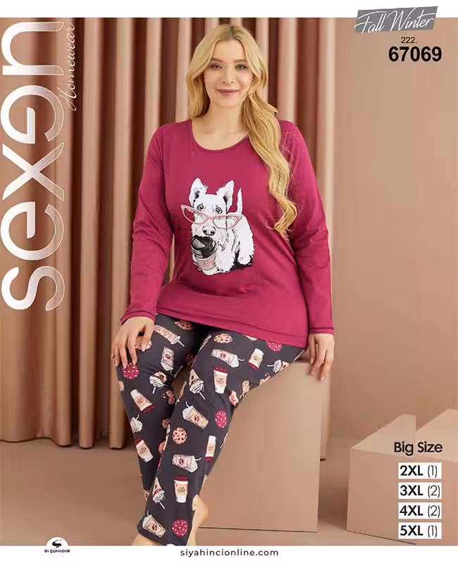 ست راحتی سایز بزرگ زنانه طرح سگ عینکی کد 67069