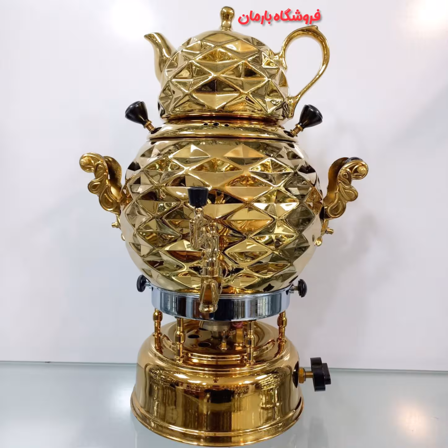 سماور گازی سیلور مدل توپی طلایی اینه دار ترموکوپل دار