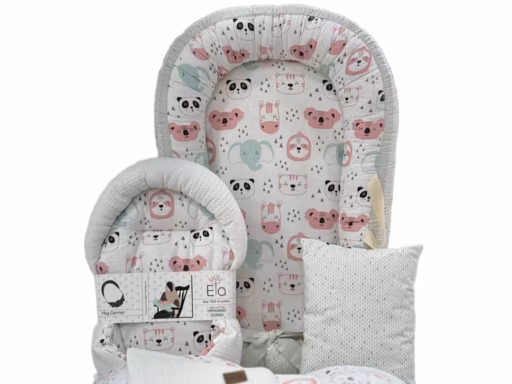 ست تشک لبه دار و آغوشگیر (قنداق سوئیسی) با بالشت و روانداز و زیرانداز تعویض طرح پیکه پاندا سبزآبی  الا ELA