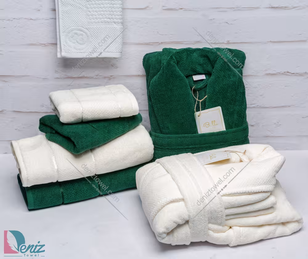 حوله ست دو نفره طرح ماکرو رنگ شیری و یشمی