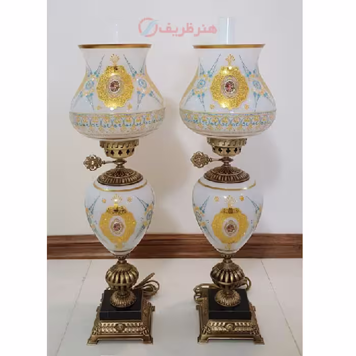 چراغ لامپا دو پوست شیری مدل گنبدی تمام برنج
