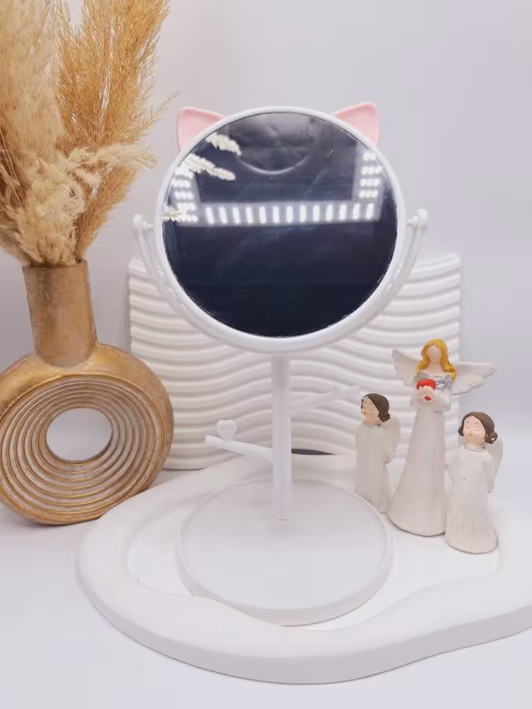 آینه گرد رومیزی مدل استند جواهرات طرح گربه رنگ سفید