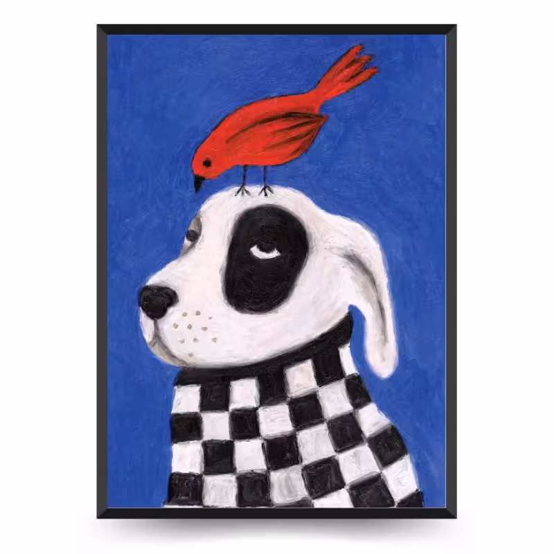 تابلو فانتزی کودکانه طرح سگ کلافه و پرنده