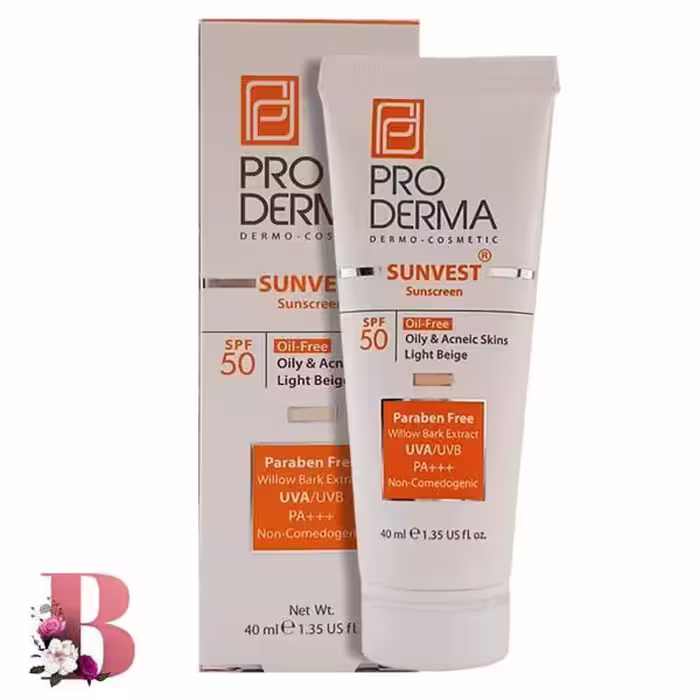 کرم ضد آفتاب بژ روشن پرودرما SPF 50 مدل Oil Free حجم 40 میلی لیتر | PRODERMA SPF 50 SUNSCREEN OILY & ACNEIC SKIN LIGHT BEIGE 40 ML