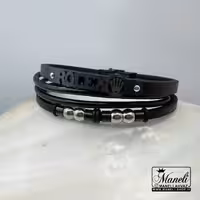 دستبند چرم رولکس مشکی و نقره ای|14040776