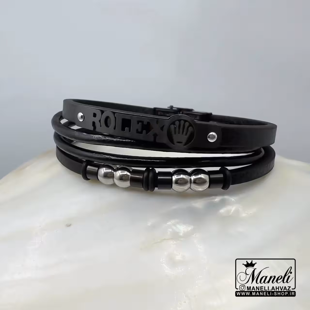 دستبند چرم رولکس مشکی و نقره ای|14040776