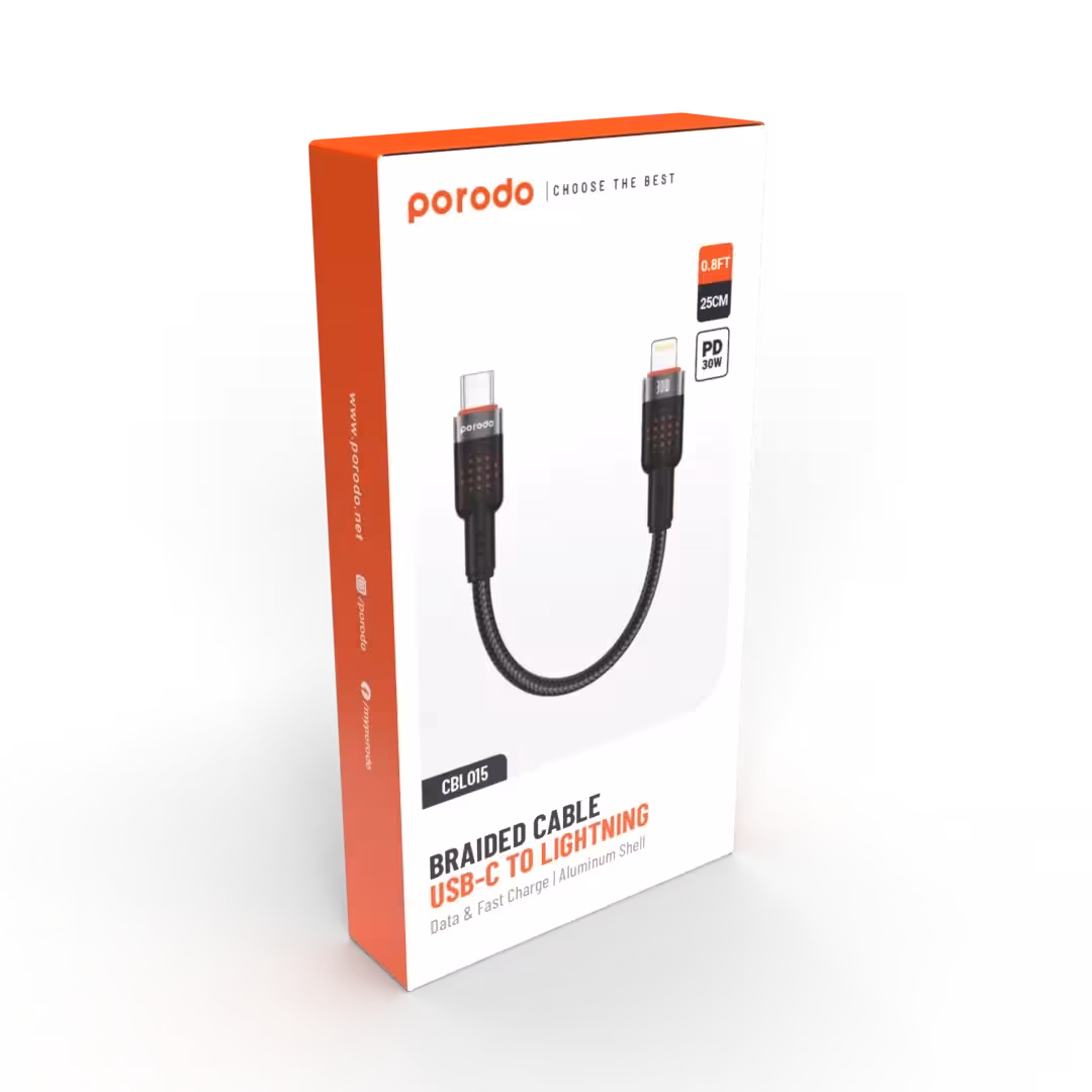 کابل Porodo مدل CBL015 USB-C to Lightning Braided 25cm,30W