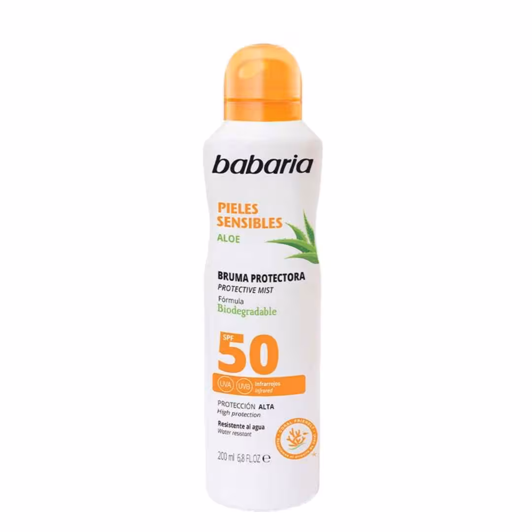مشخصات، خرید و قیمت اسپری ضدآفتاب باباریا برای پوست‌های حساس حاوی عصاره آلوئه ورا با SPF 50 حجم 200 میل ⭐️ ویان مارکت