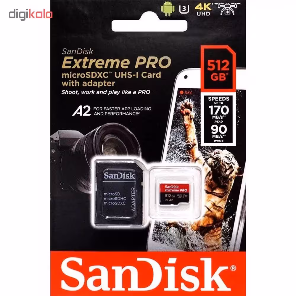 کارت حافظه microSDXC سن دیسک مدل Extreme PRO کلاس A2 استاندارد UHS-I U3 سرعت 170MBs ظرفیت 512 گیگابایت به همراه آداپتور SD