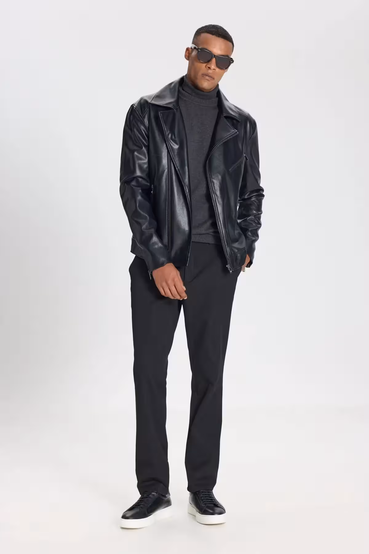 کت چرم مشکی مردانه با زیپ، فیت استاندارد و برش معمولی، یقه کراواتی - 7252