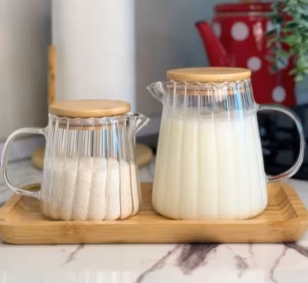 ست شیرجوش و شکرپاش پیرکس درب بامبو