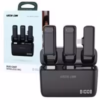 میکروفن بیسیم یقه ای شارژی 2عددی بهمراه کیس شارژ صفحه نمایش Green Lion Duo Cast Wireless Mic Type-C
