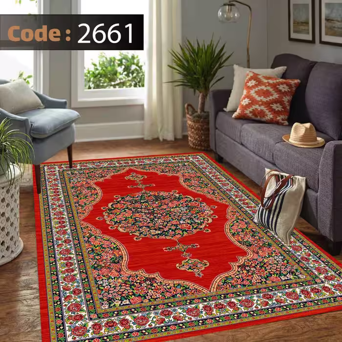 کاورفرش روفرشی دورکشدار گوشه لیفه ای لاکی ، آبی و متنوع کد 2661