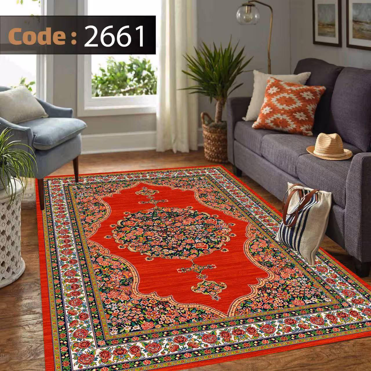 کاورفرش روفرشی دورکشدار گوشه لیفه ای لاکی ، آبی و متنوع کد 2661