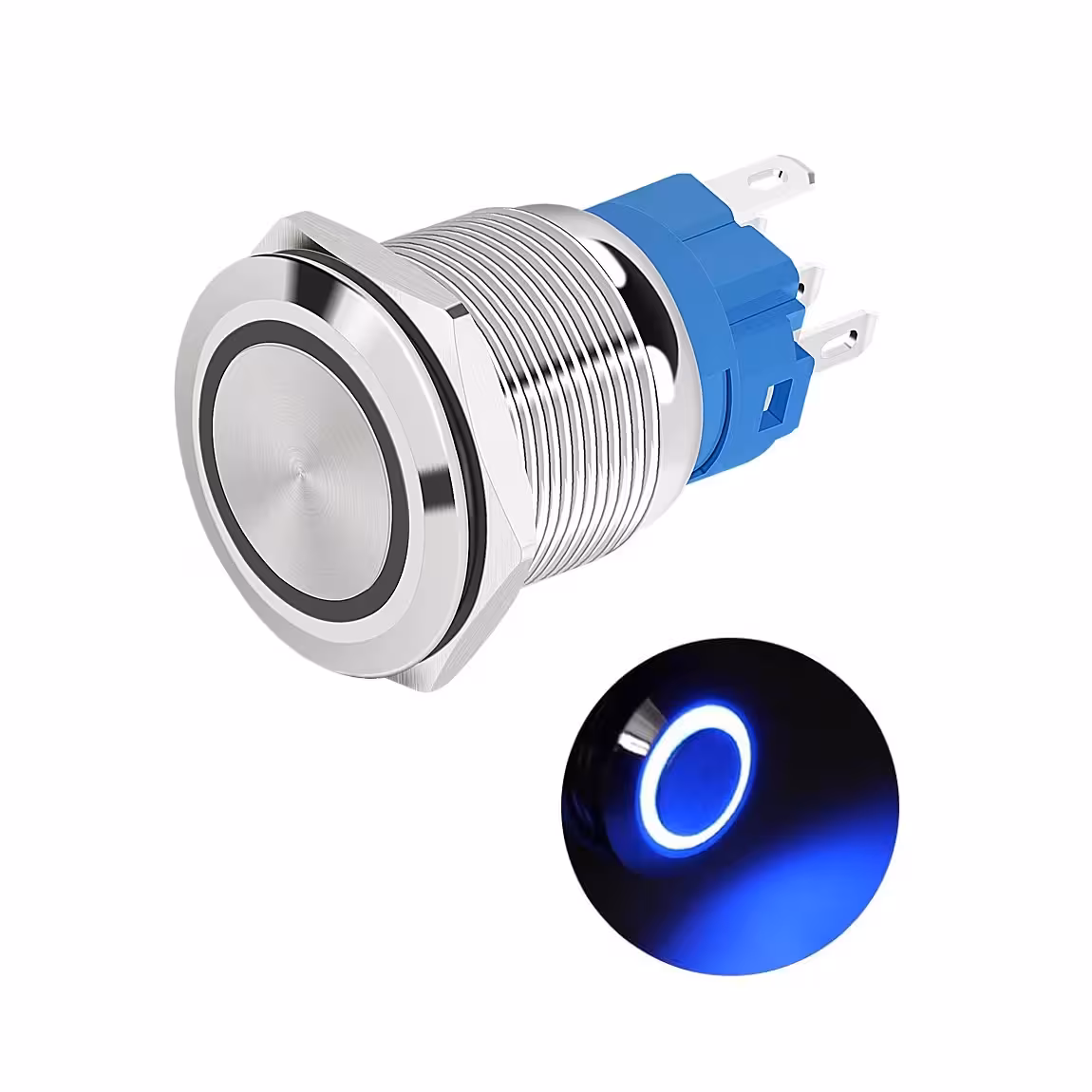 کلید فشاری فلزی آبی LED قطر 12V/24V – 19mm