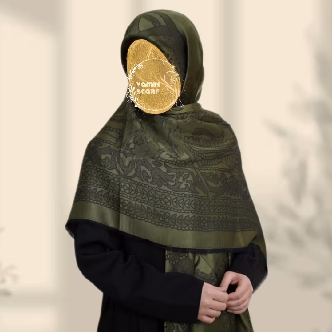 روسری کشمیر ژاکارد اعلاء رنگ سبز زیتونی دور ریش قواره140
