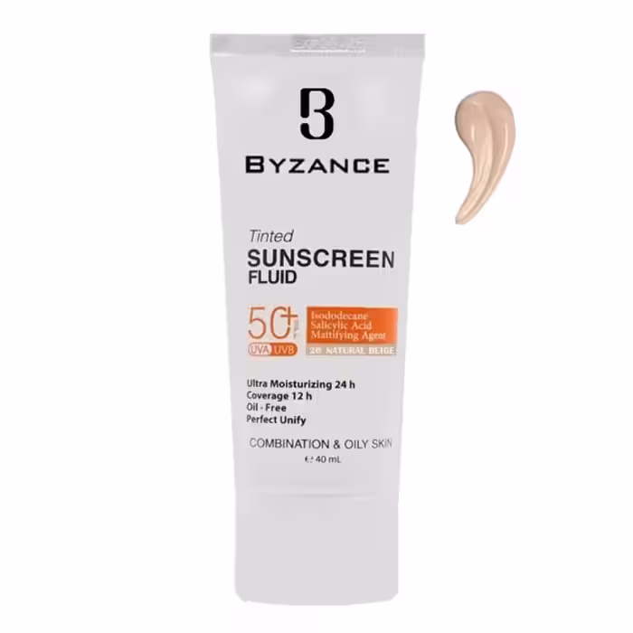 کرم ضد آفتاب رنگی SPF50 بژ طبیعی 20 پوست چرب بیزانس