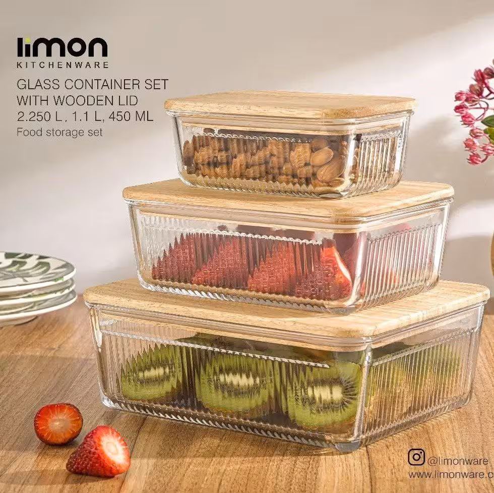 ظرف شیشه ای مستطیل درب چوبی لیمون