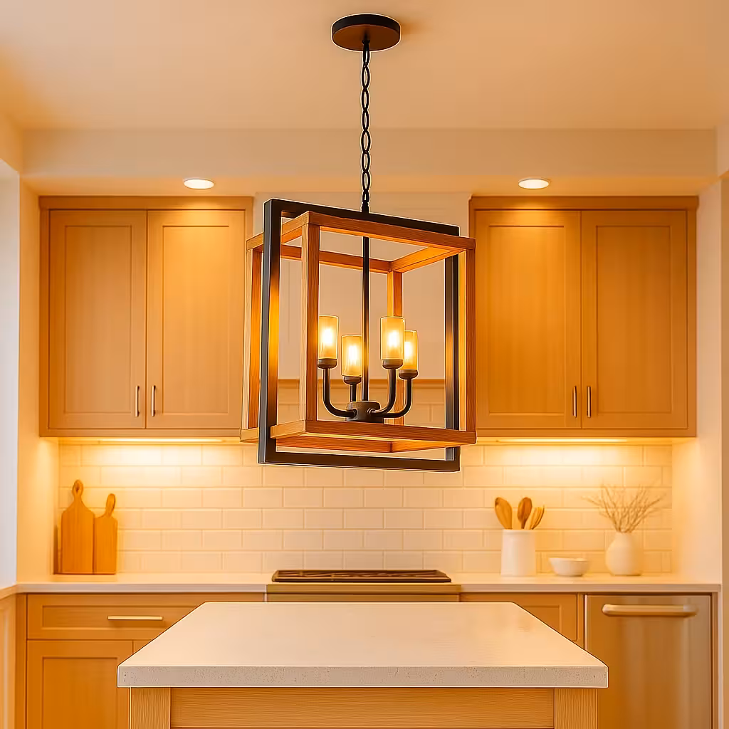 لوستر آویز چوب و فلز چهارشعله کوثر کد 7222440