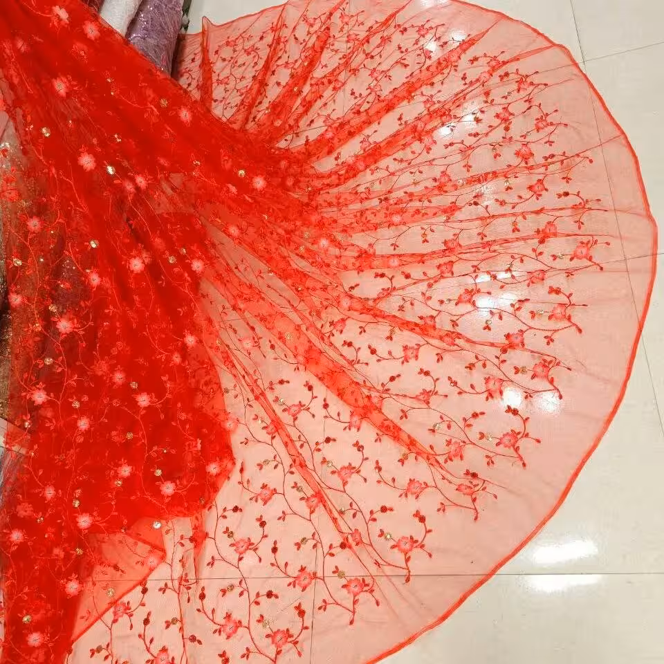 پارچه دانتل تور مجلسی ابریشم دوزی و شکوفه برجسته دخترانه