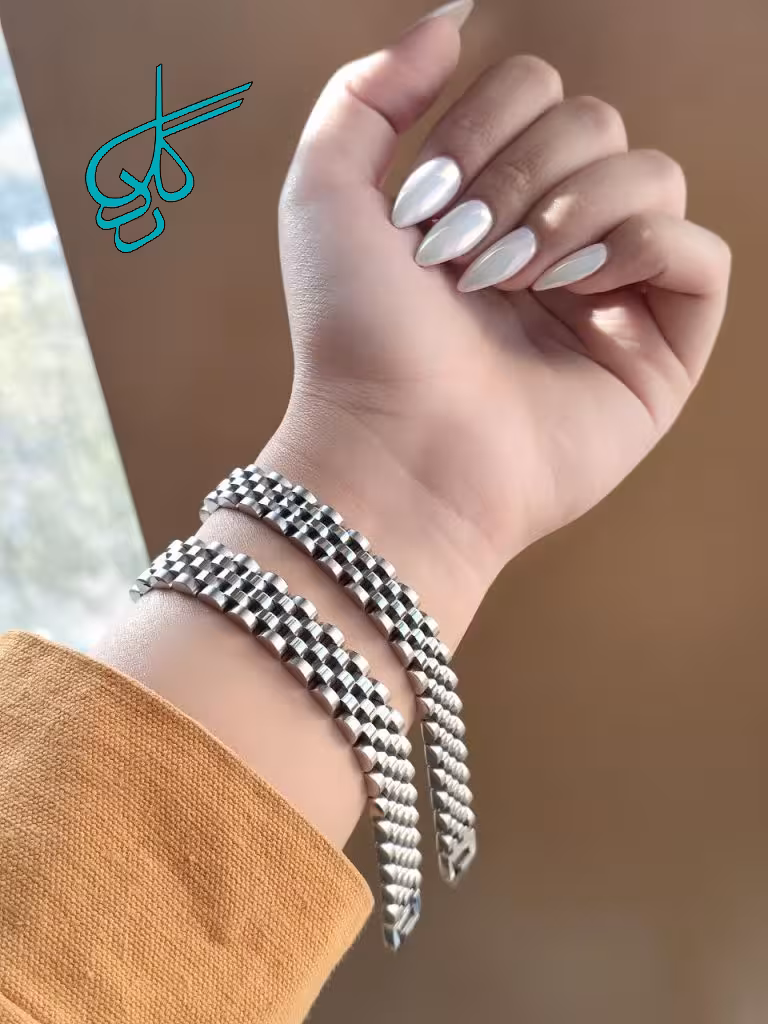 خرید ست دستبند استیل رولکس دو ساز 8 و 10 میل نقره ای کیفیت عالی رنگ ثابت کد 1216988 - ردگل