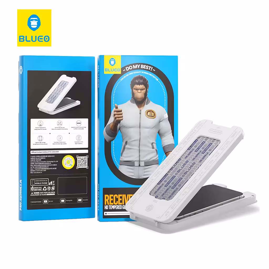 گلس محافظ صفحه شفاف با کیت نصب اتوماتیک آیفون 16 و 15 بلوئو BLUEO 9H Receiver Dustproof Glass iPhone 15/16