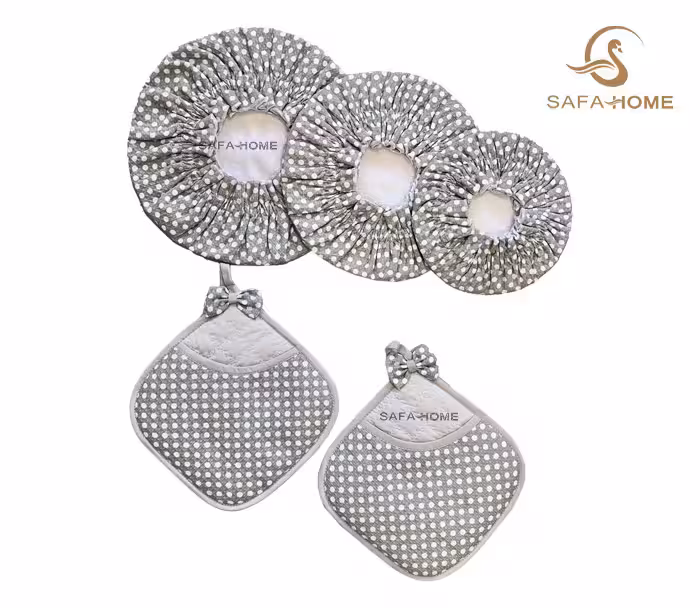 ست دمکنی و دستگیره آشپزخانه 5 تکه طرح خالدار طوسی