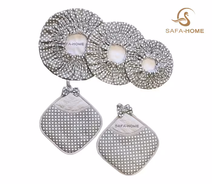 ست دمکنی و دستگیره آشپزخانه 5 تکه طرح خالدار طوسی