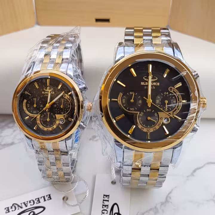 ست ساعت سه موتور زنانه مردانه الگانس نقره ای طلایی