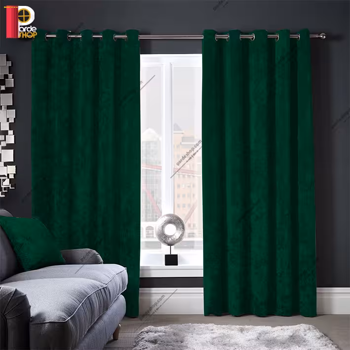 پرده آماده مخمل پتینه براق پانچی رنگ سبز کله غازی ارتفاع 220 سانتی متر