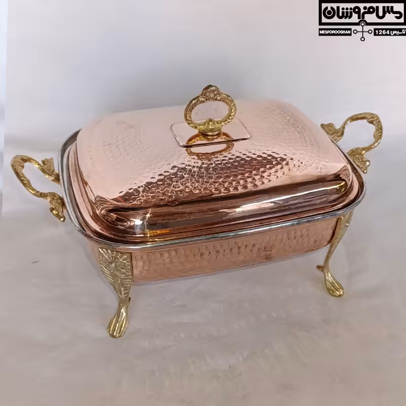سوفله خوری مسی مستطیلی زنجان نانو | مرغ خوری مس درب دار دسته برنجی | پایه بلند | سایز 1 _ قطر 22*26 | مدل کترینگ