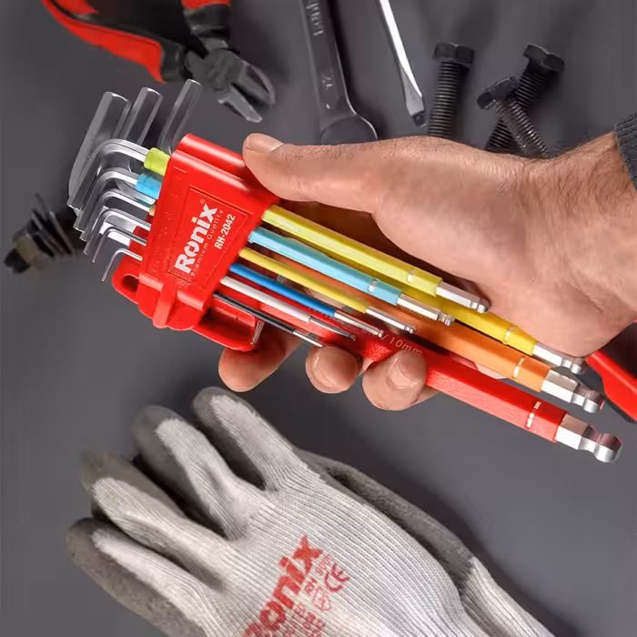 آلن ست 9 عددی شش گوش الوان بلند رونیکس مدل RH-2042 جنس بدنه فولاد کروم وانادیوم  آلن ست 9 تیکه رونیکس مدل 2042