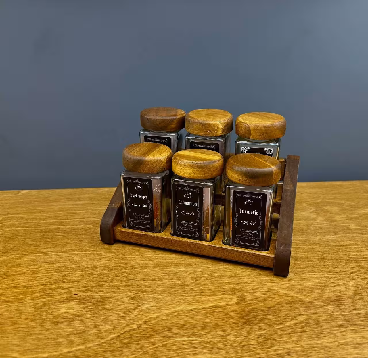 جا ادویه مربع 2 پله خوابیده 6 عددی چوب ( تیره )  کد 43061 از برند لونا رابروود