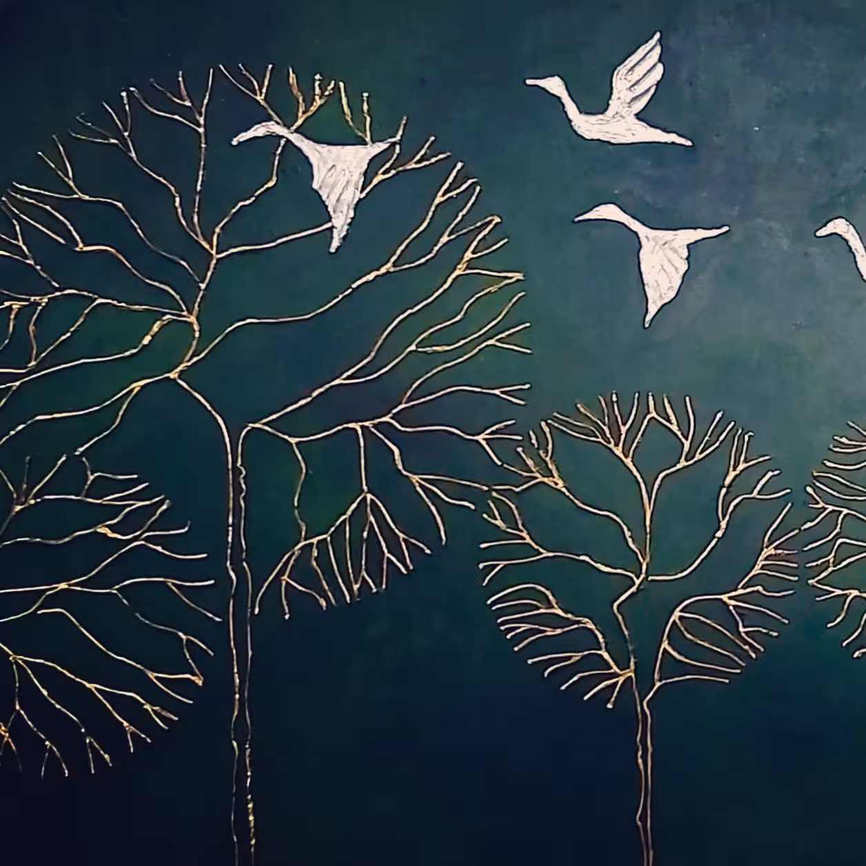 تابلو نقاشی درخت و قو